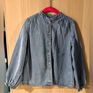 Girls' Light Blue Denim Snap Front Shirt with Ruffled Collar